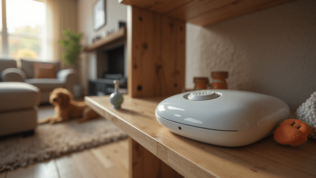 A modern ultrasonic bark control device resting on a shelf next to dog toys in a cozy living room.